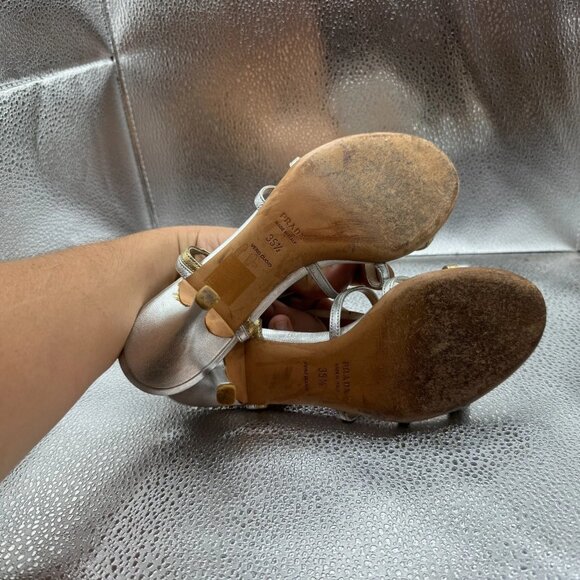 Size EU 35.5 Prada Platinum Gold Womens Leather Strappy Stiletto Heel Sandals - Picture 8 of 9